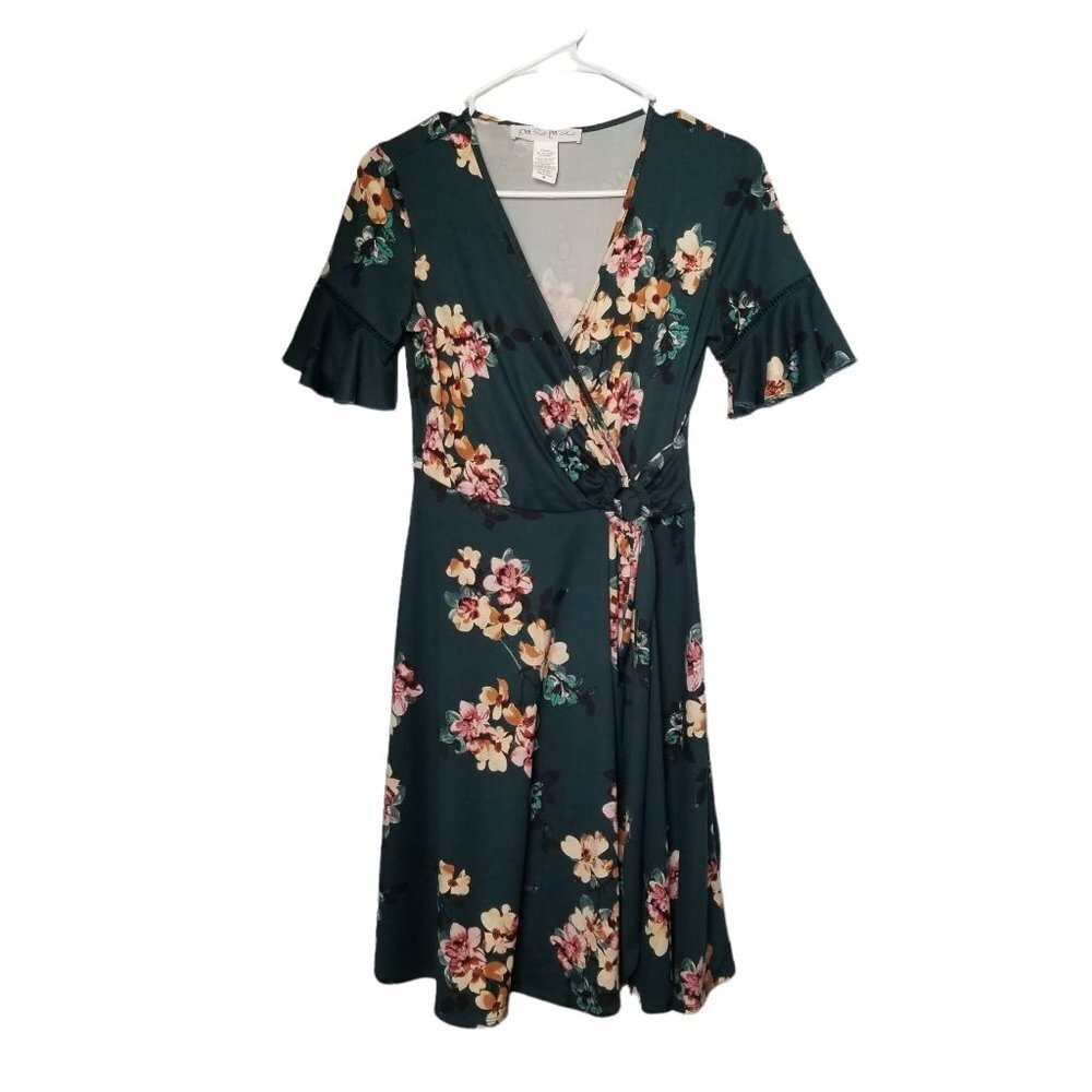 Love Fast Live Hard Green Floral Faux Wrap V-Neck Dress w/Bell Sleeves S…